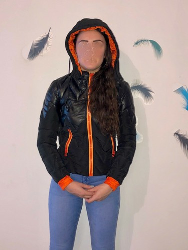 blouson en cuir matelassé et tissu noir et orange taille M (38 fr) NEUF - Picture 5 of 6