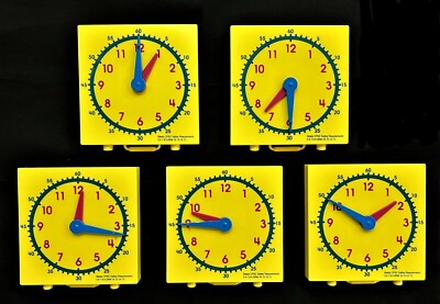 5  SMALL, YELLOW, STAND-UP STUDENT CLOCKS (Manual Clock Hands for Learning)