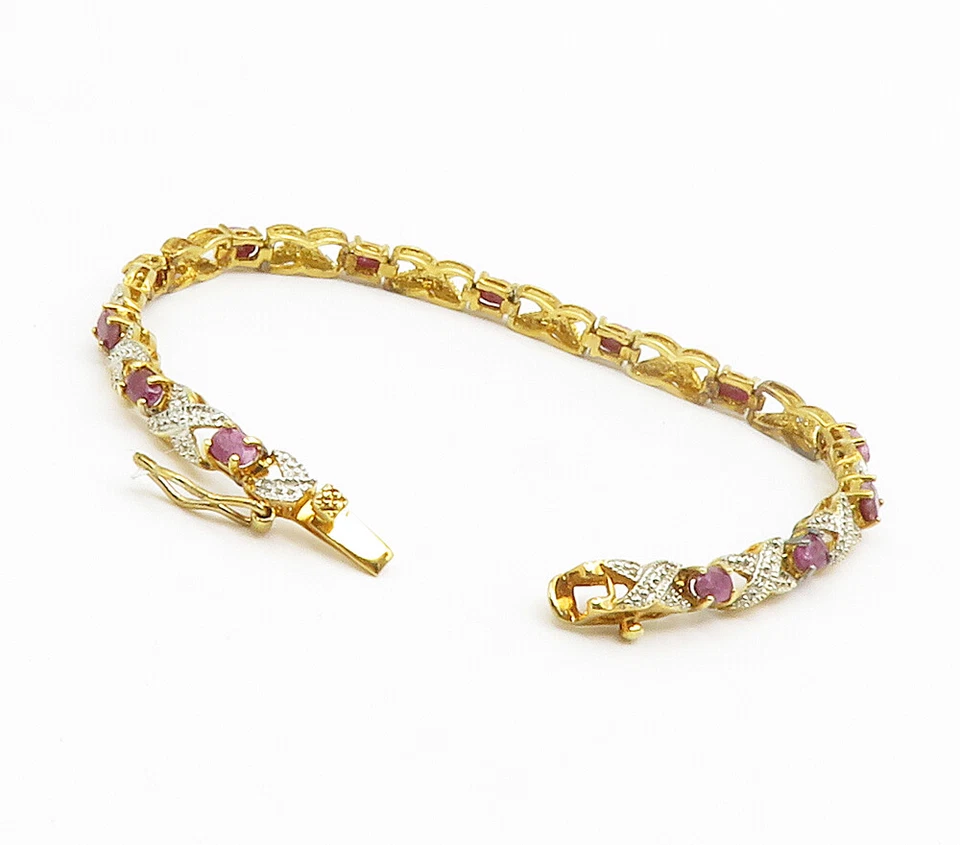 925 Sterling Silver  Genuine Diamonds & Ruby Shiny Chain Bracelet  BT5871 - Image 4 of 4