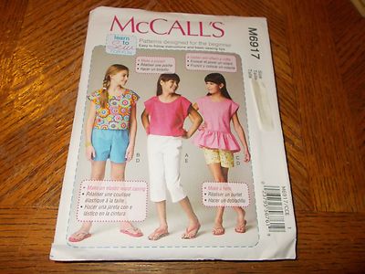 McCalls Pattern M6917 Girls LEARN TO SEW Tops w/Hem-Ruffle Opts & Shorts/Pants 