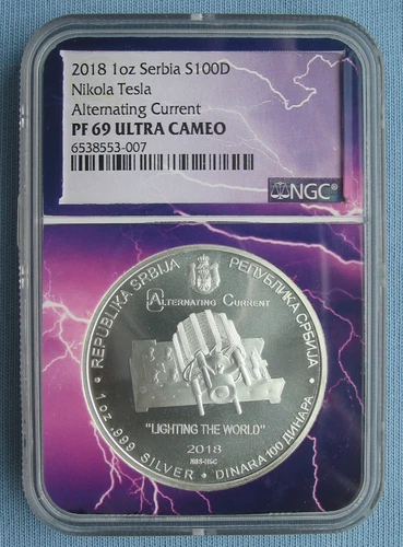 2018 Serbia 100 Dinar Nikola Tesla Alternating Current Proof 1oz Silver NGC PF69