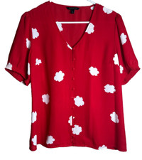 Banana Republic Women's Red Blouse White Floral Print Button Up Front Medium