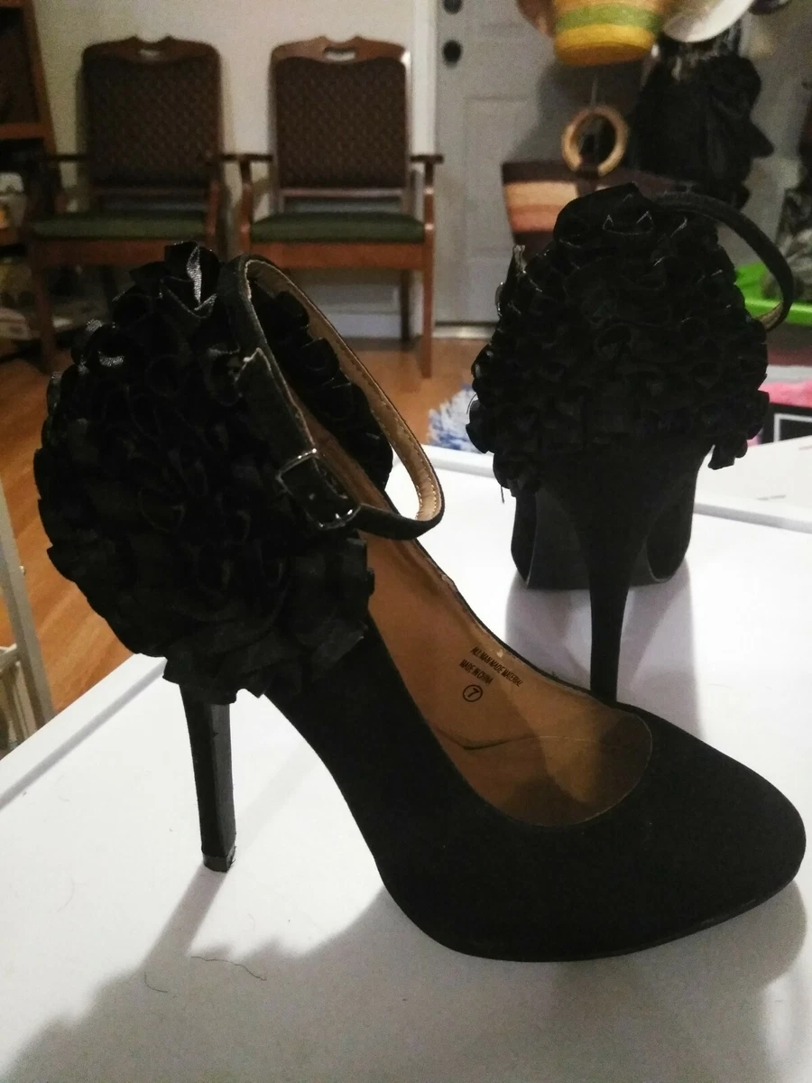 Wild Rose Black High Heel Ankle Strap Stilettos With Heel Ruffle Size 7