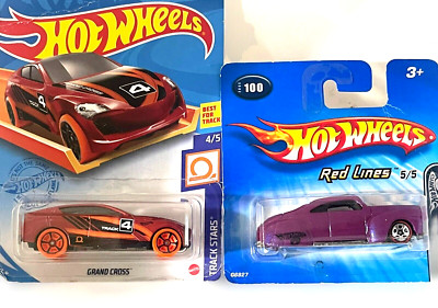 2 Hot Wheels Cars Red Lines #100 Tail Dragger 2004 & Track Stars Grand Cross2020