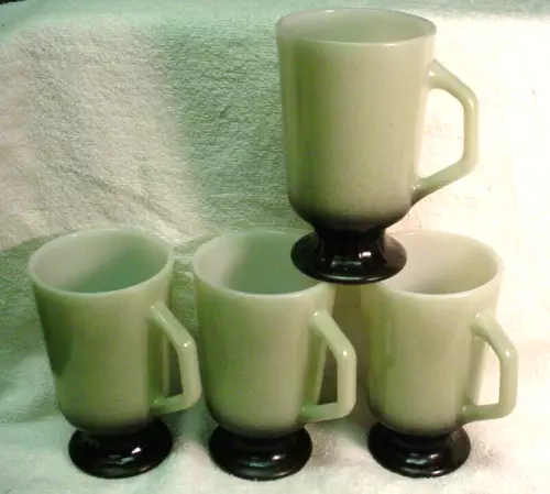 Vintage Fire King Coffee Cup Lot 4 Set Footed Green Black Anchor Hocking Retro