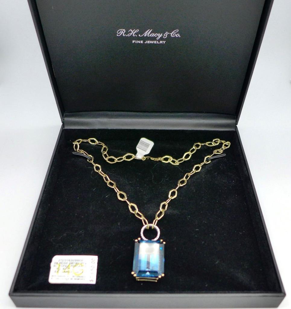 MACY'S Blue Topaz 70 TCW Diamond 1/4 TCW Statement Necklace in 14kt Gold