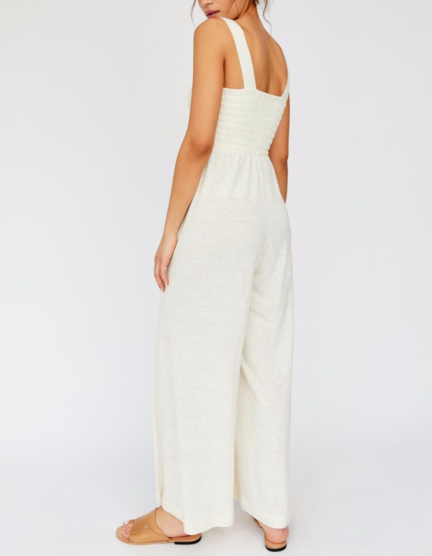 FREE PEOPLE IVORY SLEEVELESS SMOCKED WIDE LEG HOMECOMING JUMPSUIT JUMPER Sz  L