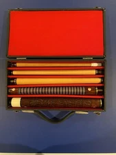 Vintage Pool Cue Carved Wood 5 Piece With Case