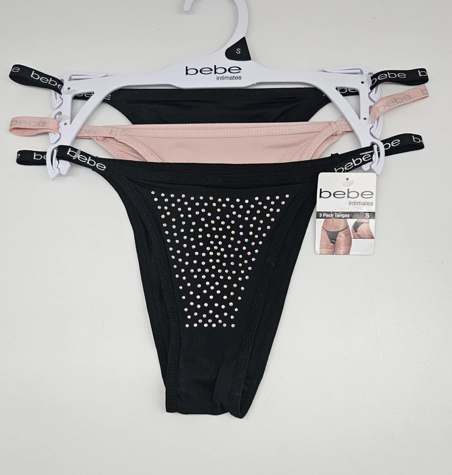 BEBE 3 Pk Mujer S M L XL Estrás Bling Tanga Bragas Negro Rosa Rubor Foto 2 de 4