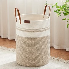 Tall Laundry Basket, Large Dirty Clothes Hamper with Leather 72L Brown  White