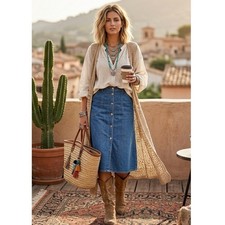 VinLes Vrais Jeans Denim Midi A-Line Skirt Snap Front Boho Retro Western Coastal