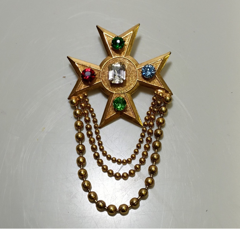 Order of the Eastern Star Gold Tone Brooch with Multicolor Stones and Chains