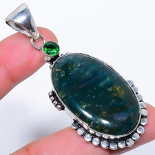 Natural Moss Agate, Tsavorite Silver Plated Jewelry Pendant 2.6" M1583