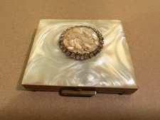 Vintage Mother Of Pearl Powder Compact Pill Case w Rhinestones