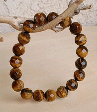 Natural Tiger  s Eye Faceted Stretch Bracelet   Large 9.5mm Beads   New