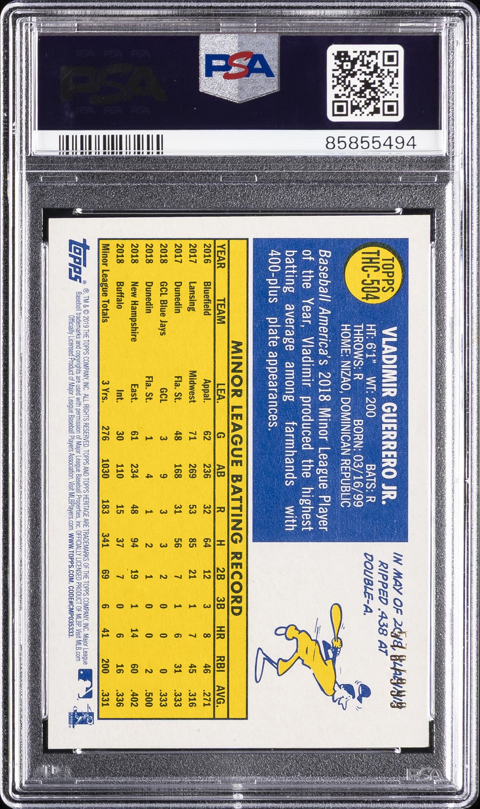 2019 TOPPS HERITAGE CHROME #504 VLADIMIR GUERRERO JR. ROOKIE RC 578/999 PSA 10 view 2
