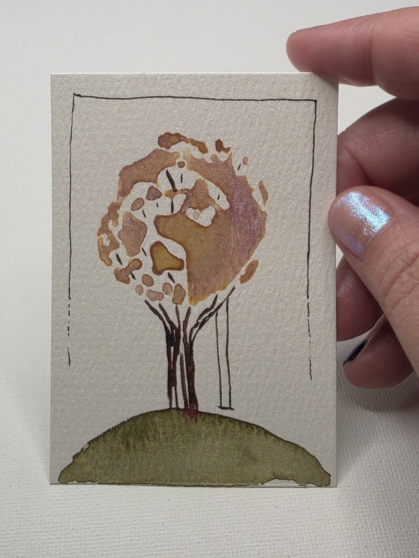 ACEO Art Card Original Hand-Painted Watercolor, Tree with Fall Leaves, Swing 
