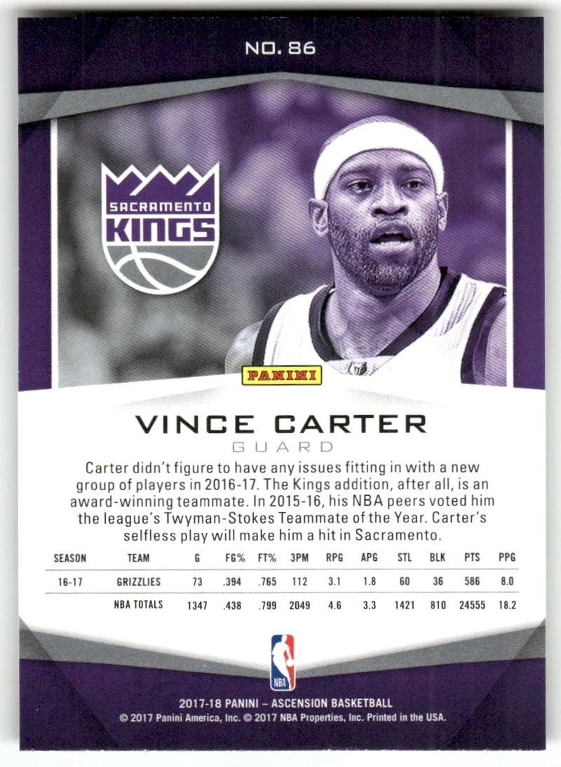 Vince Carter - 2017-18 Panini Ascension Basketball - Sacramento Kings #86