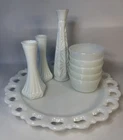 Vintage White Milk Glass Lot of 9 – Vases, Bowls, Reticulated Lace Edge Tray