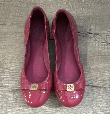 Tory Burch Pink Patent Leather Ballet Flats Bow Logo Round Toe Slip-On US 5