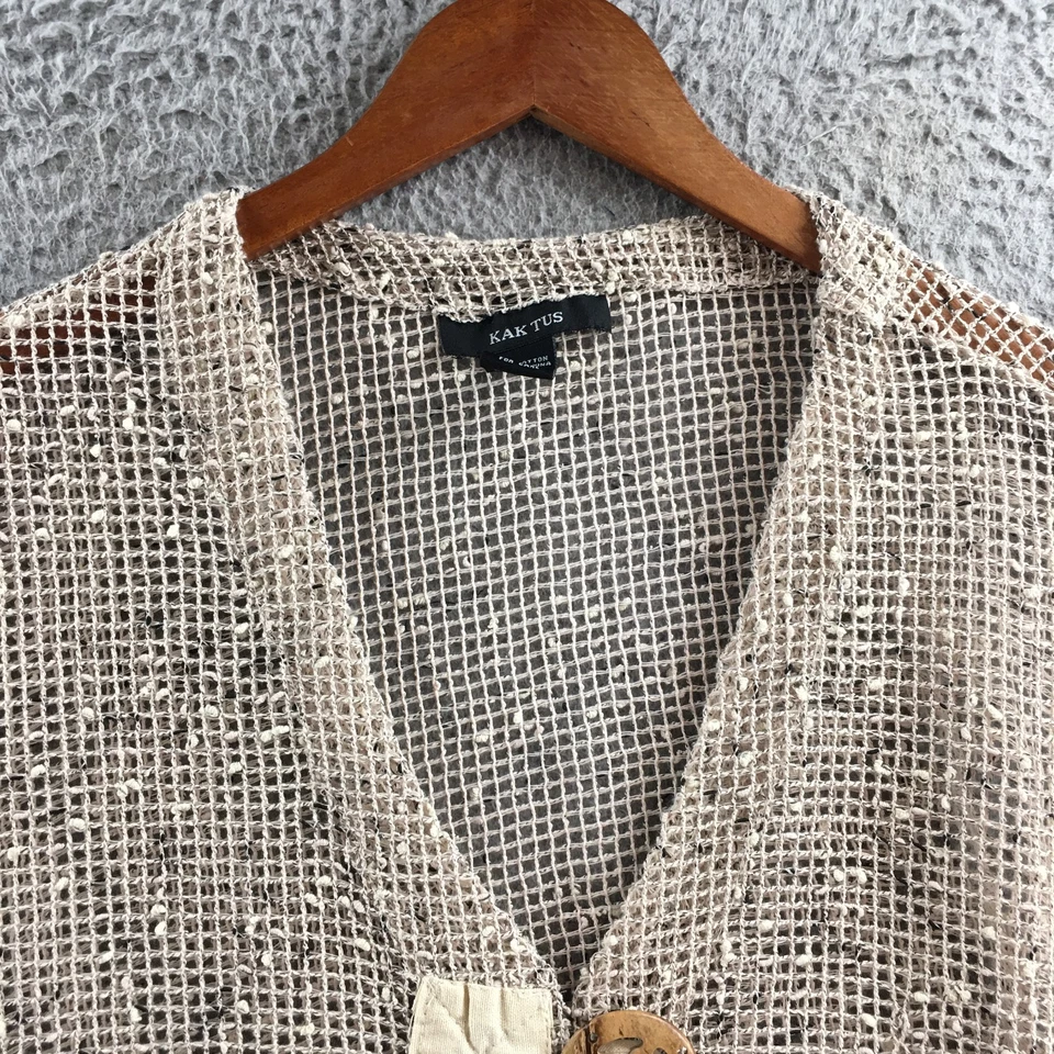 Kaktus Open Knit Cardigan Sweater Women L Beige Cotton Short Sleeve Button Front - Image 3 of 4