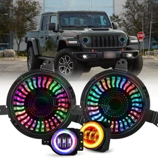 9" Chasing RGB LED Demon Headlights Fog Light Kit For Jeep Wrangler JL Gladiator