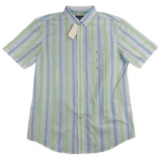 Club Room Mens Striped Printed Short Sleeve Button Down Shirt Blue Green M