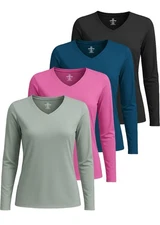 Real Essentials 4-Pack Women's Long Sleeve V-Neck T-Shirt | Active Fit