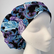Beautiful Floral on Black Size Large Medical Bouffant Scrub Cap Surgery Hat