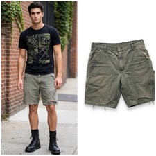 VTG Carhartt B25 Thrashed Green Carpenter Distressed Paint Splatter Shorts 34