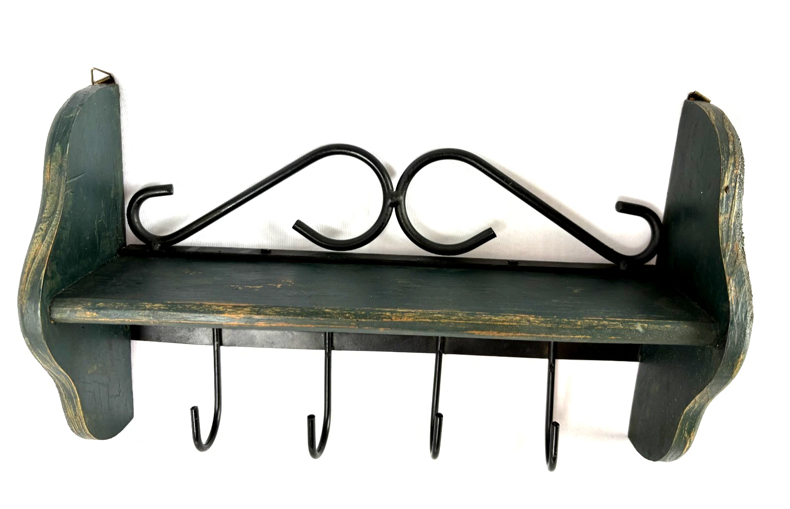 Vintage Wooden Green Wall Shelf Iron Hooks 12" Country Farmhouse