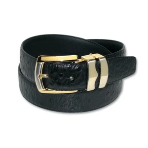 OSTRICH Pattern BLACK Color BONDED Leather Men's Belt Gold-Tone Buckle Regular