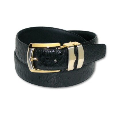 OSTRICH Pattern BLACK Color BONDED Leather Men's Belt Gold-Tone Buckle Regular
