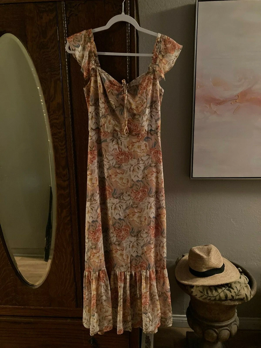 Wayf Peach Floral Maxi Dress with Ruffle Hem and Flutter Sleeves
