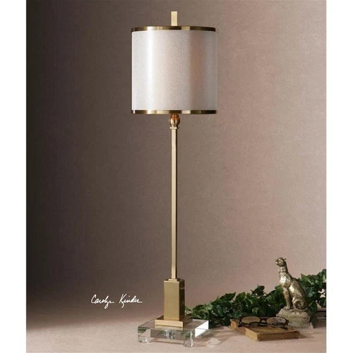 Uttermost Villena Mid-Century Metal Fabric and Crystal Buffet Lamp in Brass - Picture 1 of 4
