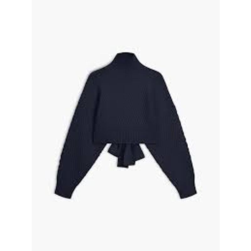 Sweater open back tie baboon sleeve mock turtleneck honeycomb pattern NAVY XS 2