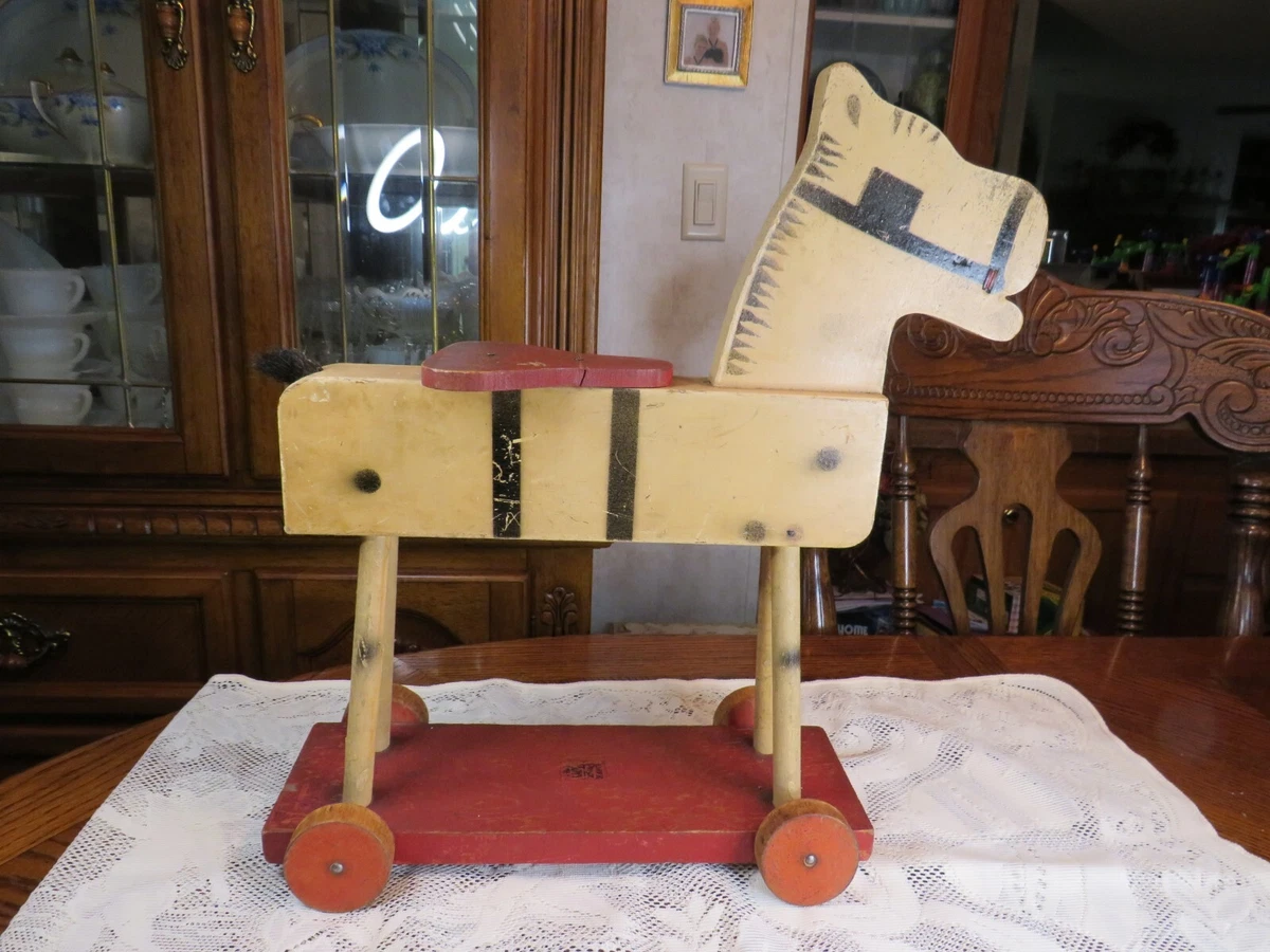 1935 ANTIQUE FISHER PRICE TOYS 225 WOODEN RIDE ON HORSE ON WHEELS
