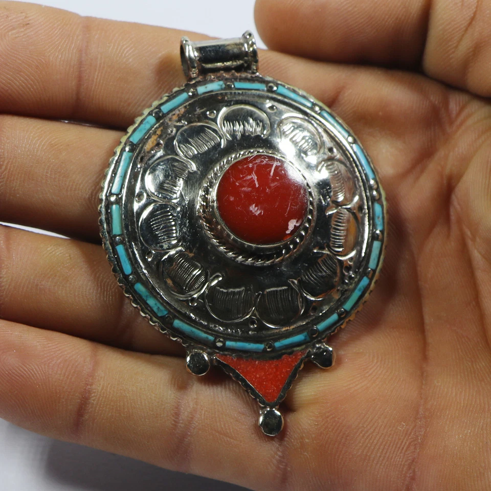Colgante Turquesa Tibetano Plata Colgante Hecho a Mano Coral Dije Buda Joyería Foto 2 de 4