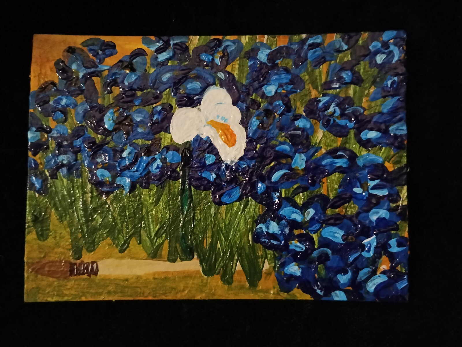 Van Goghs' Paintbrush Left In Irises painting TRADING CARD ACEO art Blue Flower