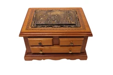 Decorative Jewelry Box Solid Oak with Solid Brass Mural Top