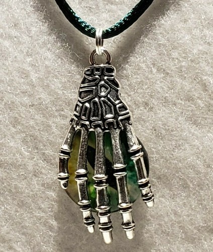 Silver Tone Skeleton Hand w/Green Glass Dragon Monster Cat Eye Necklace Jewelry - Picture 1 of 4