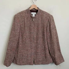 Elana By Tanner Jacket Brown Pink Multi Textured Silk Zip Front Pockets Lined 14