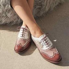Handmade Women Brown  White Leather Lace Up Wing Tip Dress Shoes, Brogue Shoes