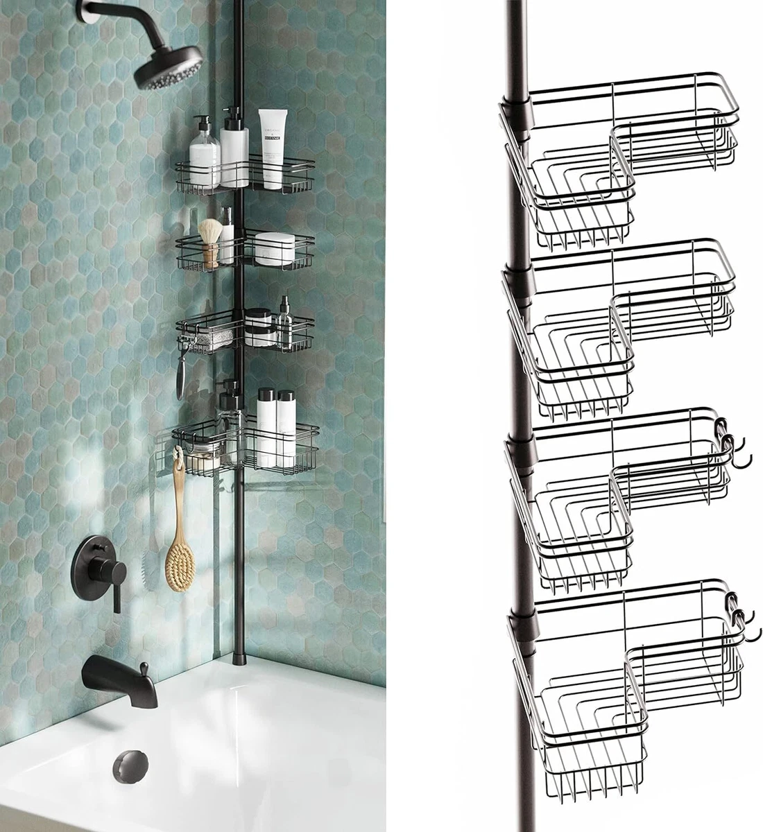 Tension Pole Shower Caddy, 4 Corner-Hugging Basket Shelves