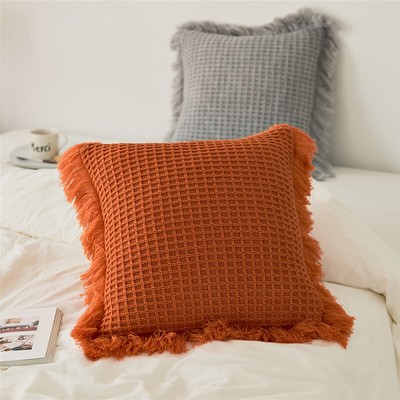 Pom Pom Cushion Cover – Knitted Tassel Pillow Case In Green Chenille, 45cm Square