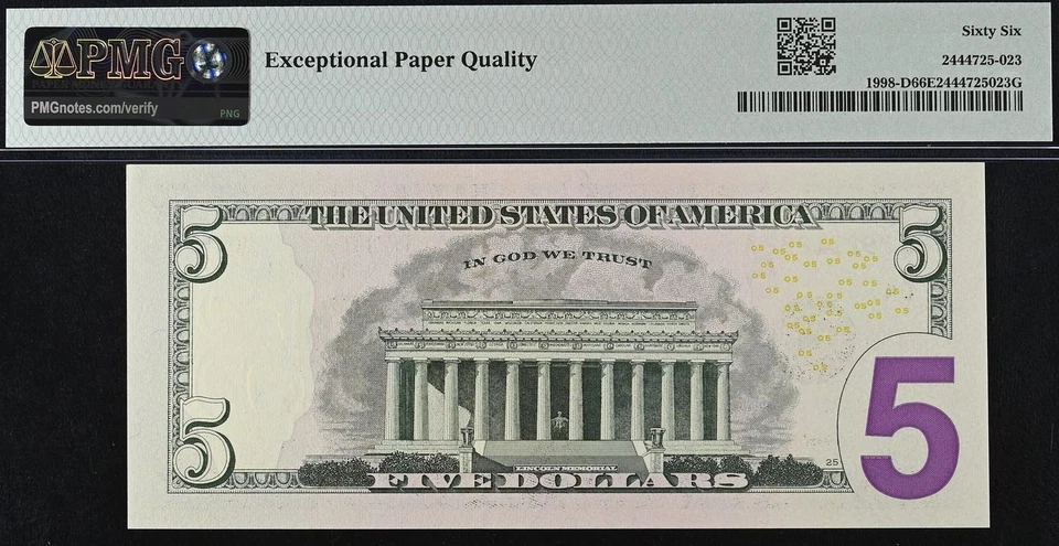 2017A $5 FRN PMG 66EPQ - Radar & Repeater Serial Number 29211292 - 29212921 - Image 3 of 4