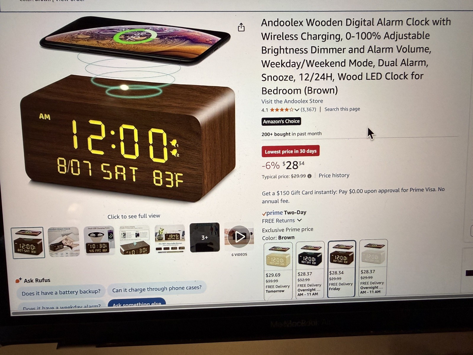 Andoolex  Brown Wooden Digital Alarm Clock with Wireless iPhone Charging Bedroom
