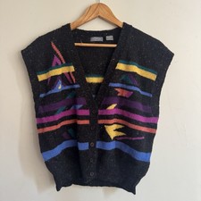 Vintage 80s IQ Knitwear Button Up Large Vest. Wool Acrylic Blend Multicolor