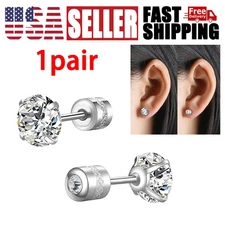 2PCS Silver Stainless Steel Round CZ Screw Back Ear Stud Earrings Men Women