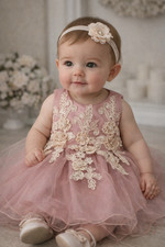 Baby Girl Dusty Rose Glitter Tulle Party Dress Floral Lace Applique New 